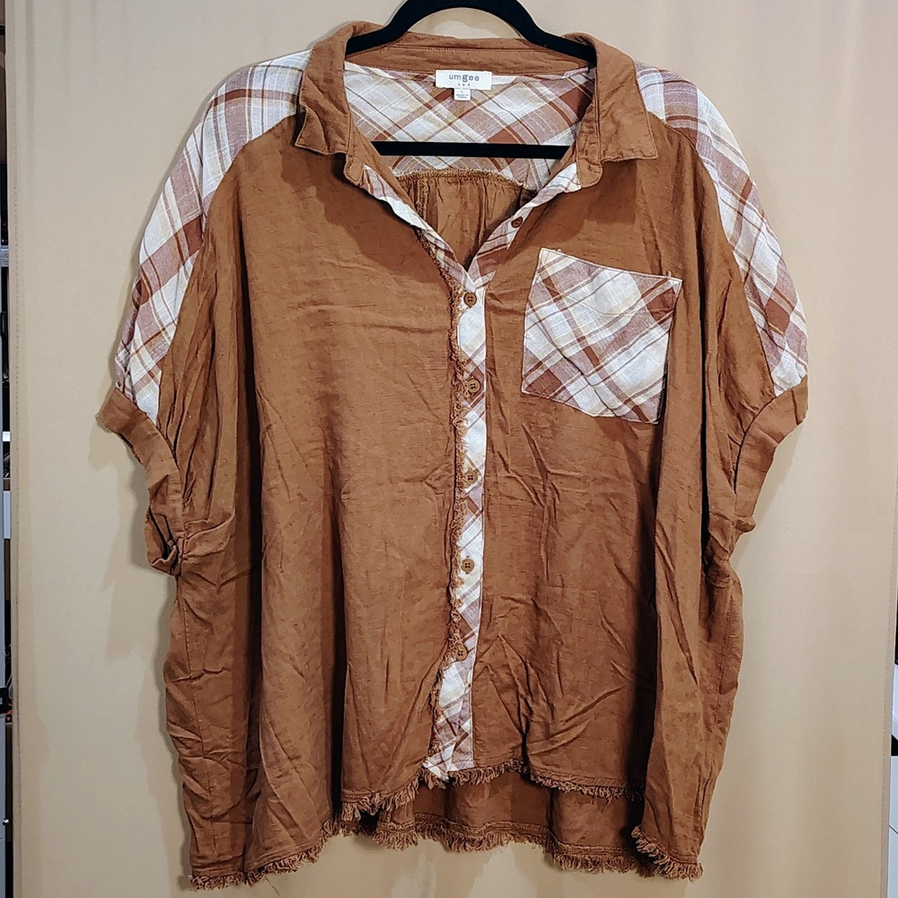 Umgee Brown Plaid Top Womens L Oversized Boho Festival Flowy Boxy Linen Blend